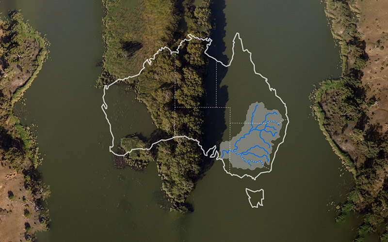 Overlay of the Murray-Darling Basin within a map of Australia against an aerial photograph of the Murray-Darling Basin