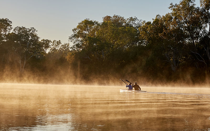 Two people kayaking on the Murray River