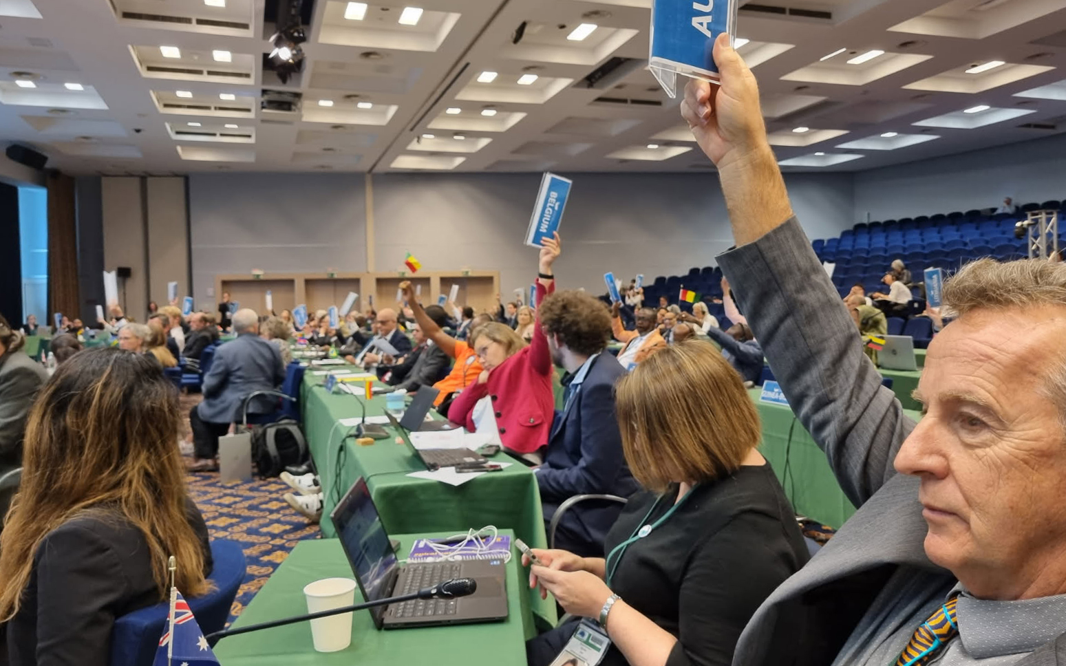 people sitting a tables with hands up voting on items