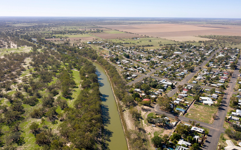 Aerial photo of town near river