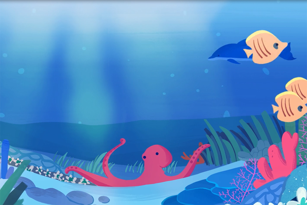 animated image of a octopus and fish under the water